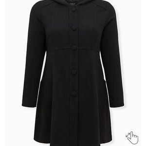 BLACK WOOLEN HOODED FIT & FLARE COAT